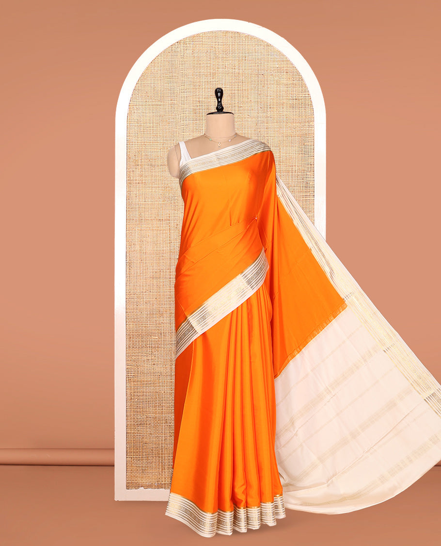 Orange Plain Mysore Silk Saree, Complemented by a Contrast Traditional Zari Border, Zari Design Pallu, and a Contrast Blouse