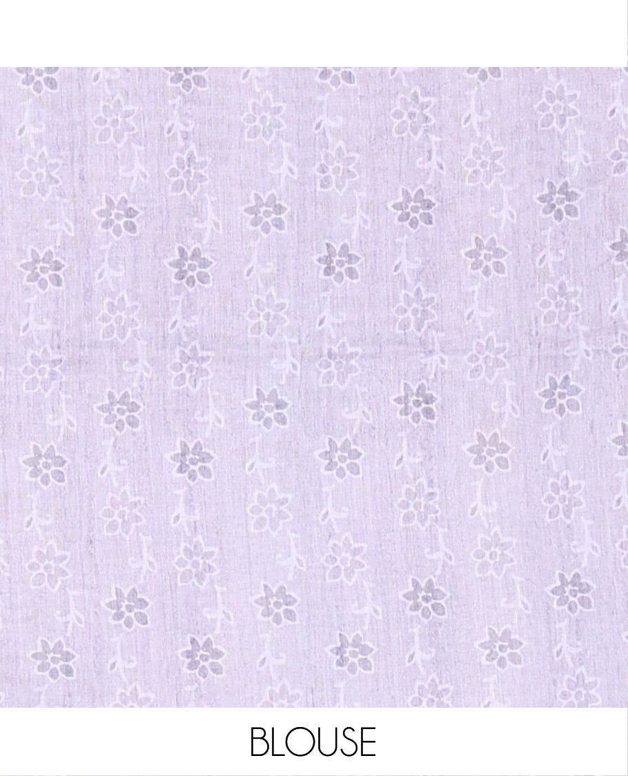 Lavender Plain Fancy Kota Silk Saree Mesmerized with Floral Applique Embroidered Scallop Border, Applique Embroidered Pallu, and a Matching Blouse