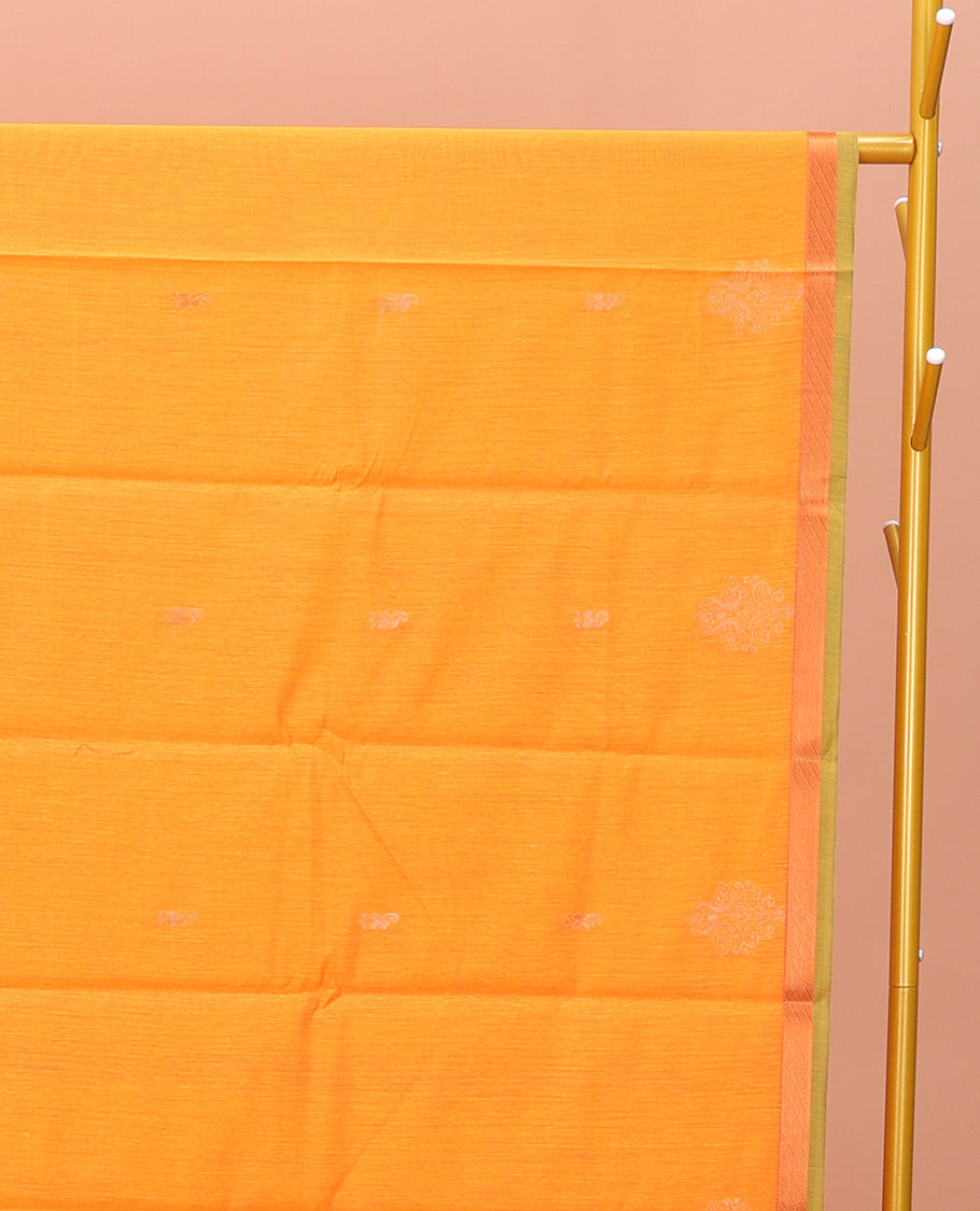 Yellow Semi-Silk Cotton Saree, Lightly Woven with Zari Buttas All Over Its Body, Highlighted by a Zari Piping Border, Complemented by a Contrast Pallu of Butta Enclosed Checked Design, and Paired with a Contrast Blouse