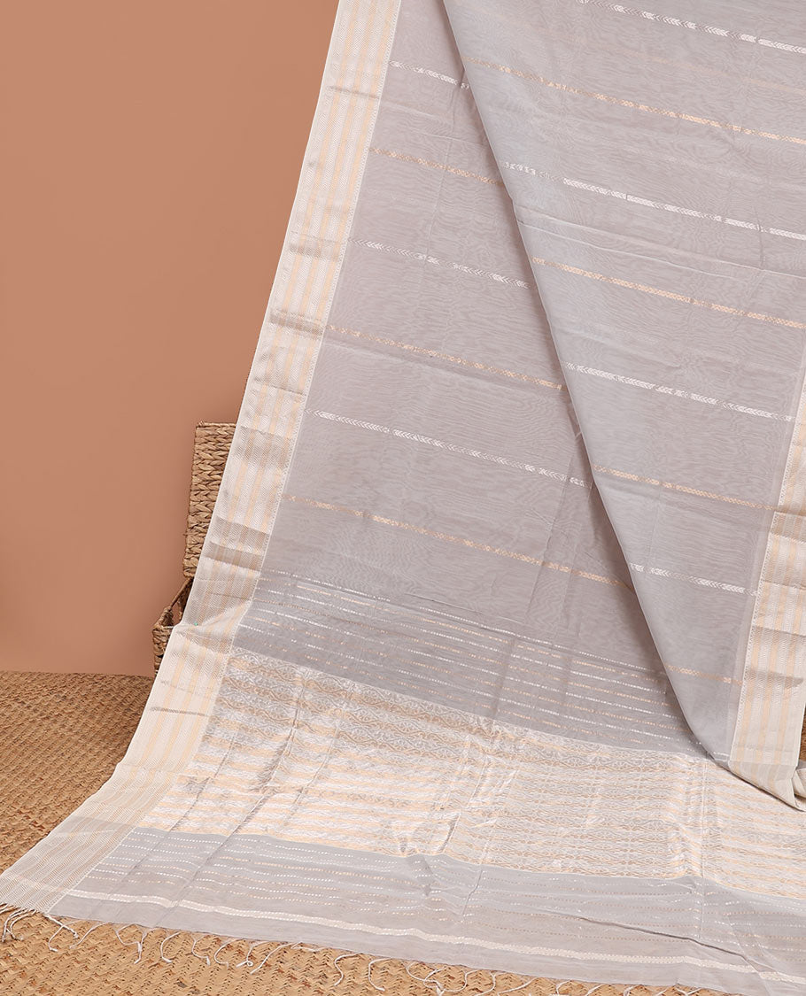 Grey striped Maheshwari cotton saree with buttas, contrast traditional zari border & intricate pallu