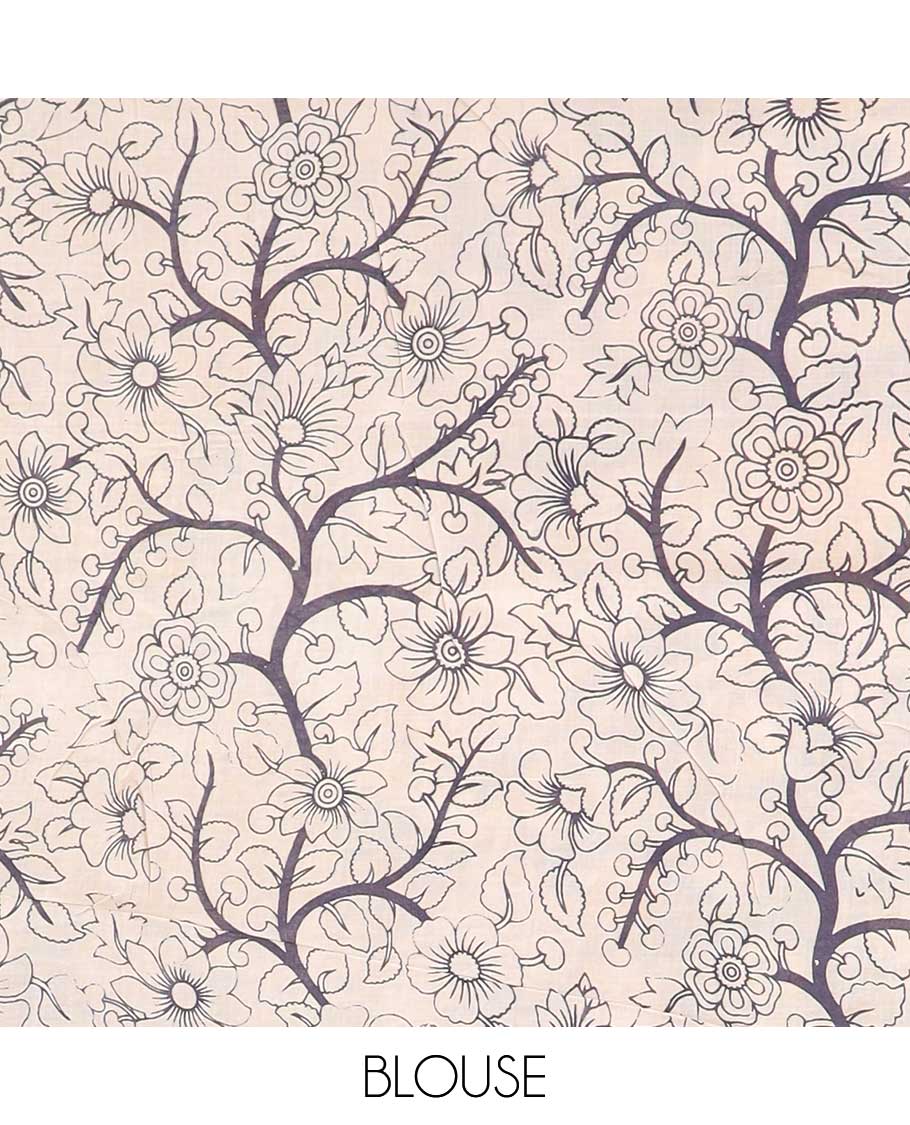 Cream floral machine-printed kalamkari cotton saree, temple & floral border & peacock pallu