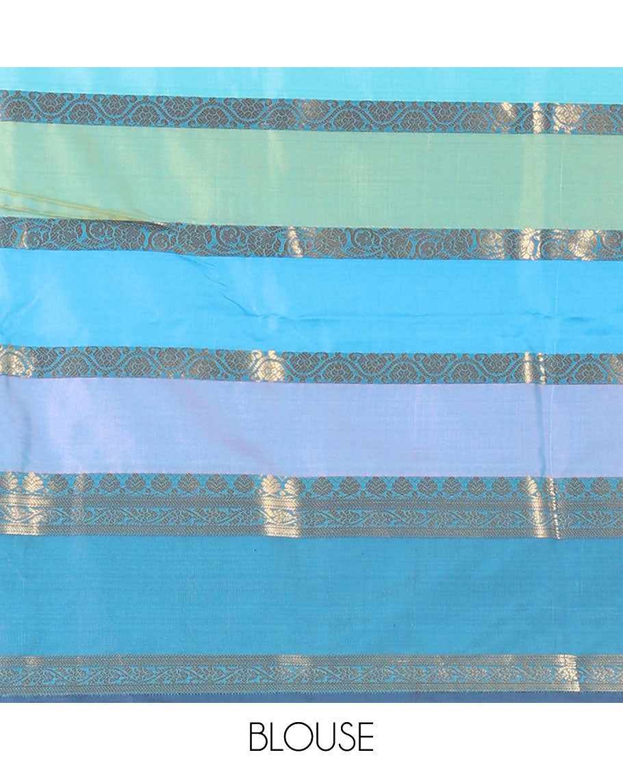 Multi-Color Semi-Soft Silk Saree, Elegantly Woven with Colorful Stripes and Floral Creeper Design on Its Body, Complemented by Contrast Rettai Pettu Traditional Zari Designs Woven Border, Grand Pallu, and Paired with a Contrast Blouse