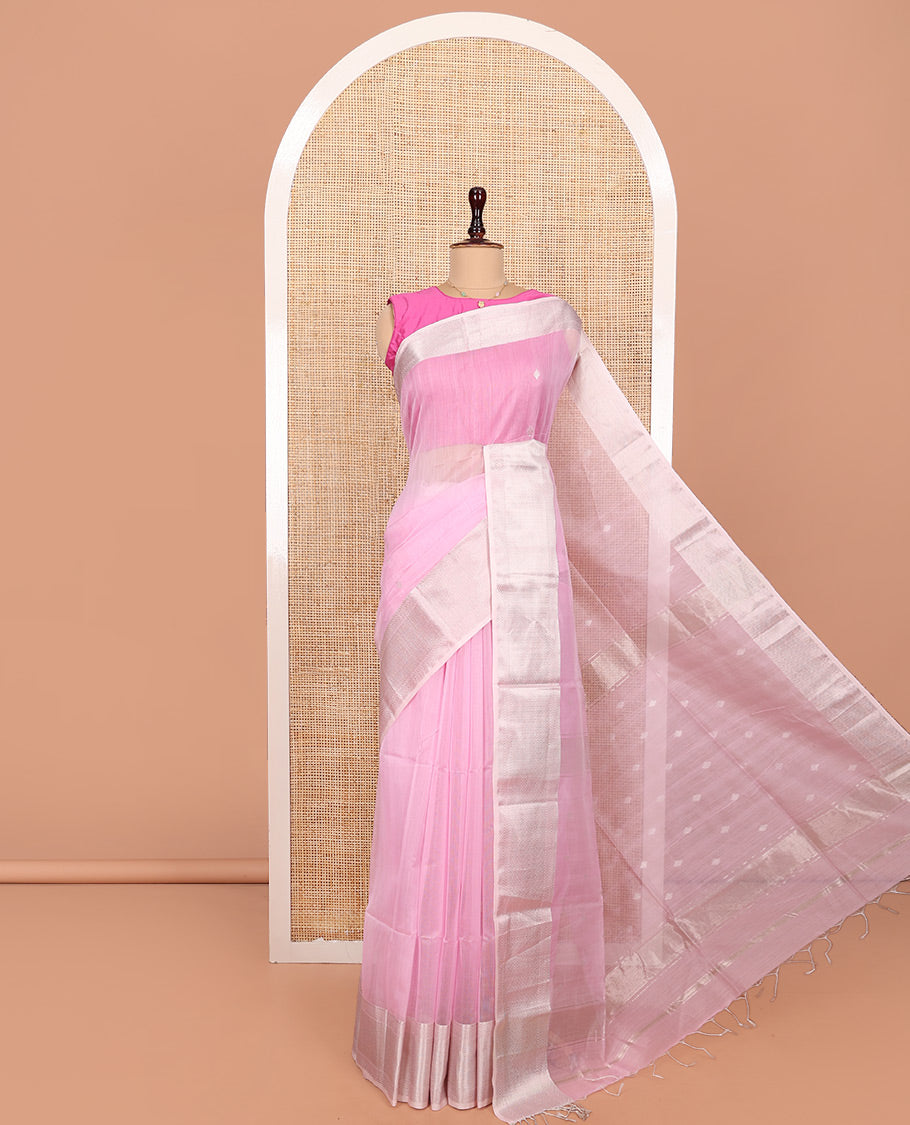Pink Maheshwari Cotton Saree, Sparsely Woven with Buttas All Over Its Body, Highlighted by a Zari Border of Chevron Stripes, Pallu Steeped with Buttas, and Paired with a Matching Blouse
