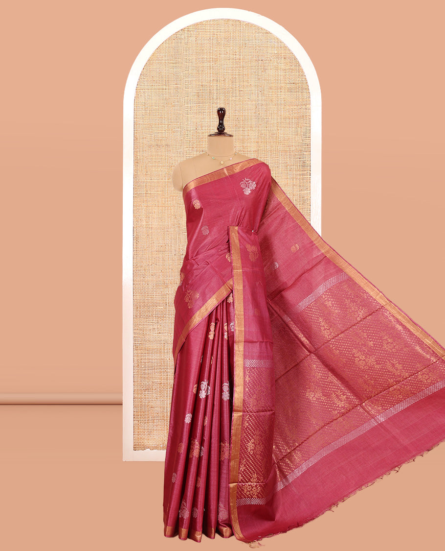 Red Tussar Saree, Showcasing Floral Buttas, a Subtle Zari Border, Pallu of Polka Dot and Floral Designs, and a Matching Blouse