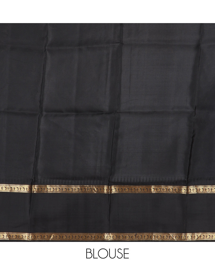 Yellow zari buttas silk saree, contrast thazampoo rekku rettai pettu border of banaras, and manga designs, and jaal pallu