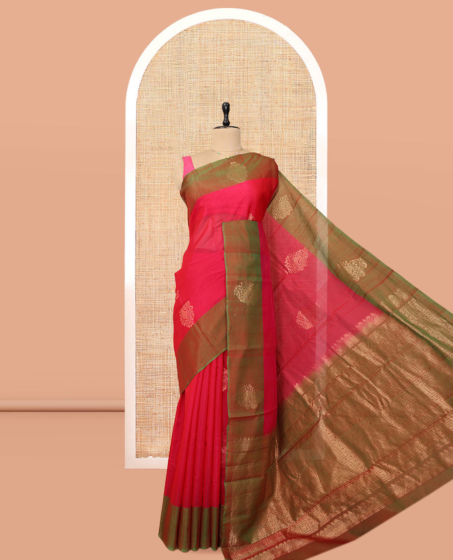 Red Silk Cotton Saree, Gleamed Up with Zari Buttas, a Contrast Zari Border, Intricate Pallu, and a Contrast Blouse
