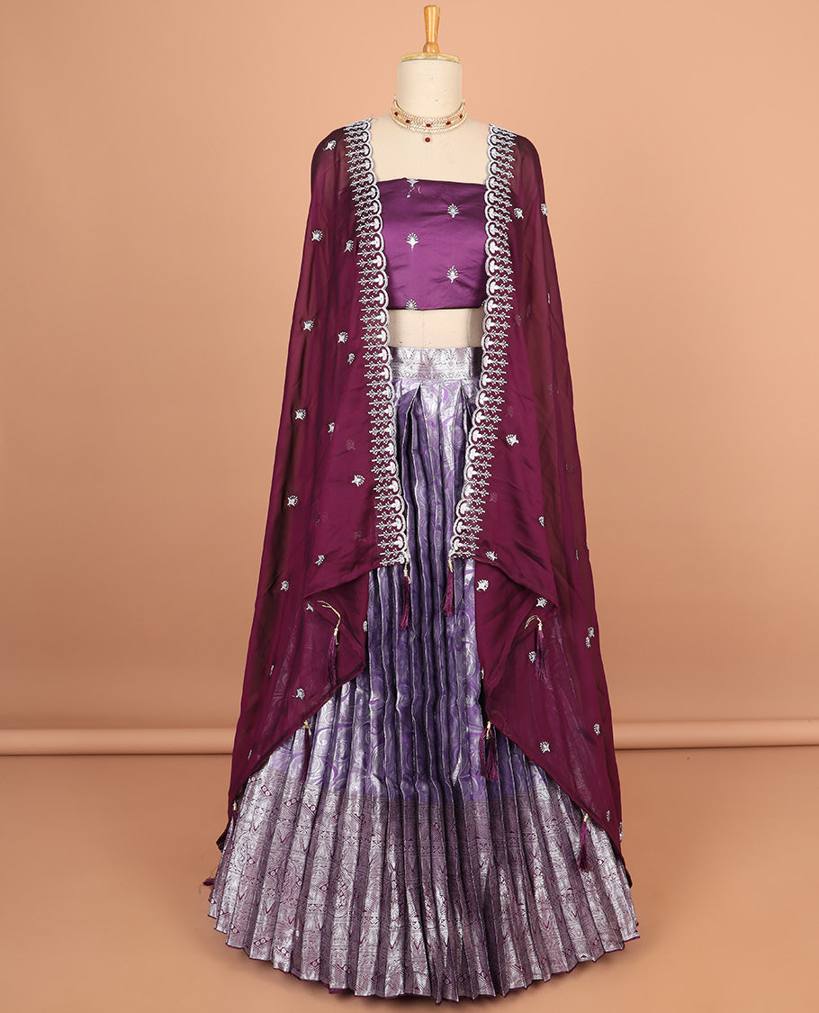Purple floral design half saree with contrast intricate zari design border , floral motifs embroidery blouse & floral embroidery scallop border dhavani