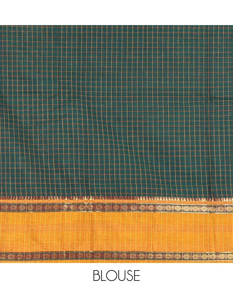 Green Checked Mercerised Cotton Saree, Contrast Rettai Pettu Rudraksham-Temple Border, a Self-Pallu and a Matching Blouse