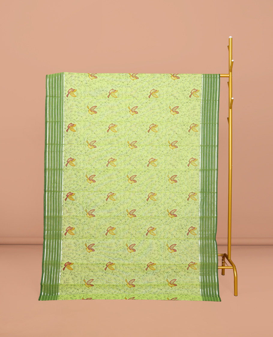 Green Chirala Cotton Saree, Accentuated with Floral-Bird Print, a Contrast Border, Printed Pallu, and a Matching Blouse