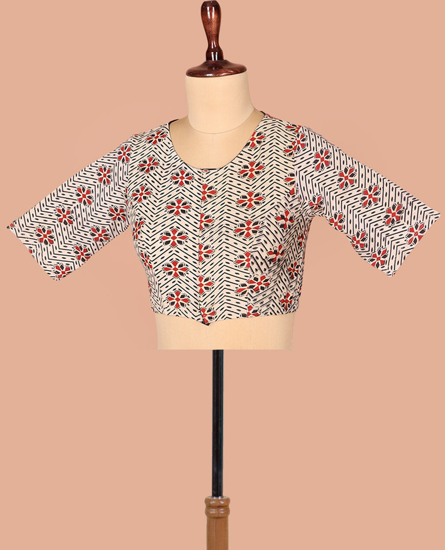 Off-White Readymade Blouse Detailed with Geometric Patterns Print, Featuring Front Round Neck, Back Closed Neck, and Elbow Sleeves