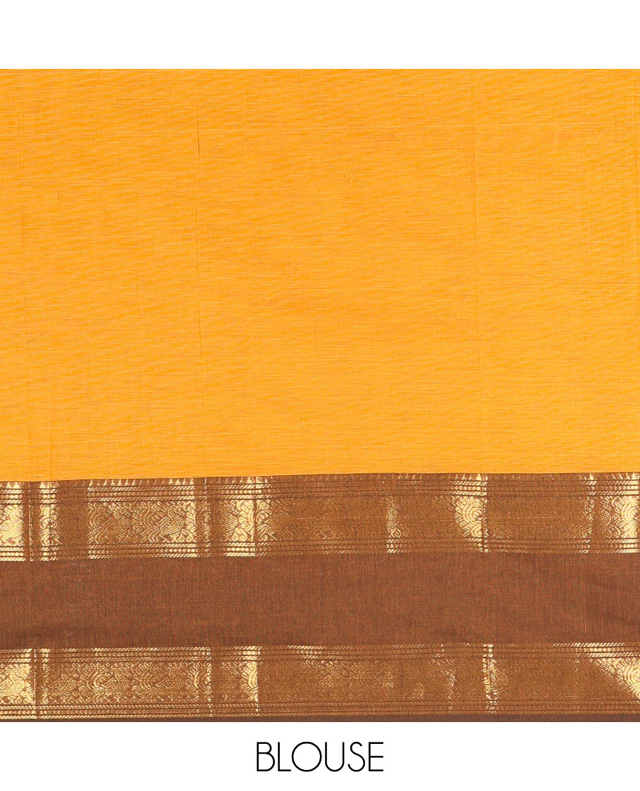 Mustard Plain Chettinad Cotton Saree, Complemented by Contrast Rettai Pettu Traditional Zari Temple Border of Peacocks, Subtly Striped Pallu, and Paired with a Matching Blouse