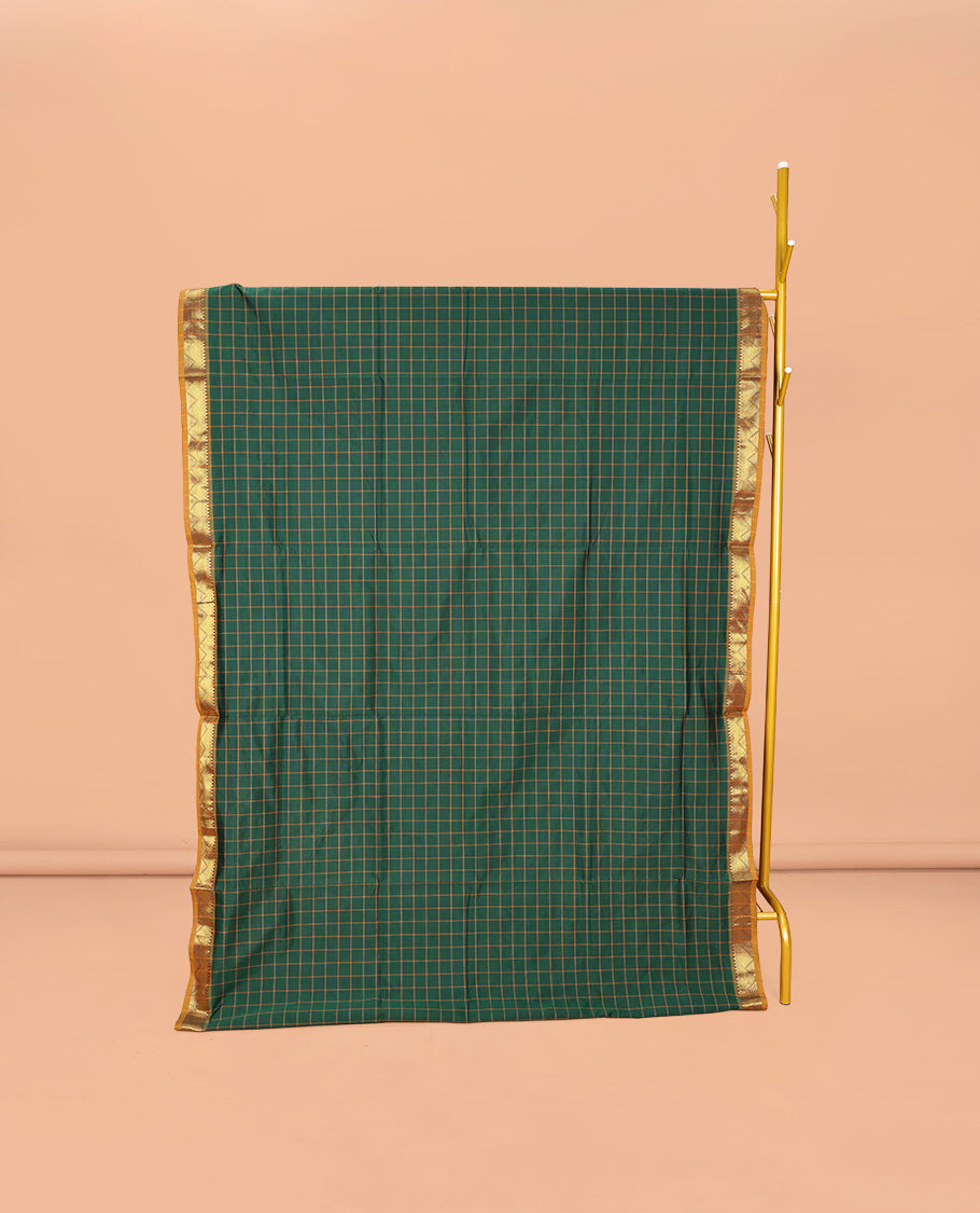 Green Checked Poly Cotton Saree, Complemented by a Contrast Traditional Zari Border, Contrast Striped Pallu, and Paired with a Contrast Blouse