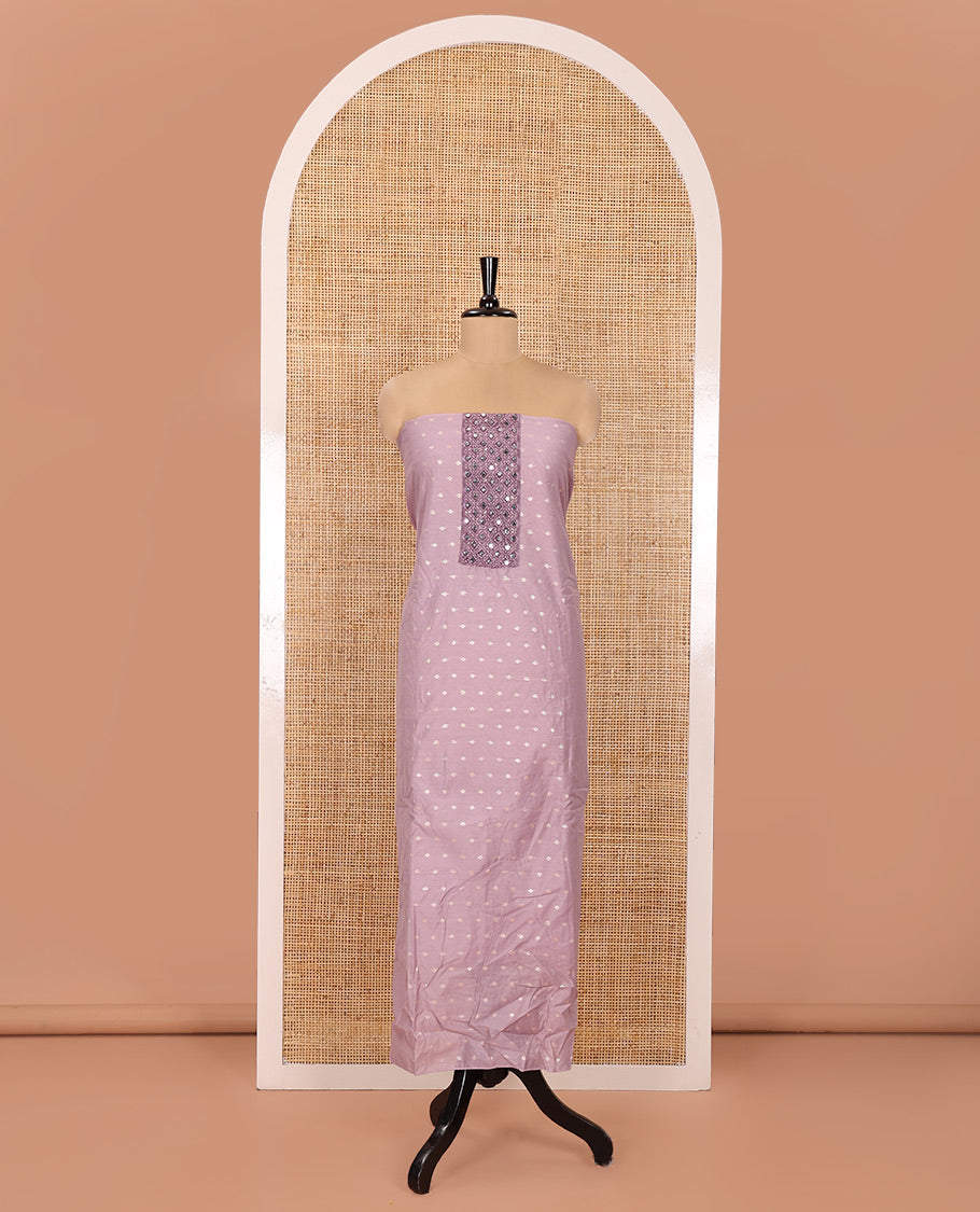 Lavender Material Churidar Set, Elevated with Zari Buttas and Crosia Lace with Mirror Work Chanderi Top, Comes with a Plain Bottom, Zari Woven Chanderi Dupatta