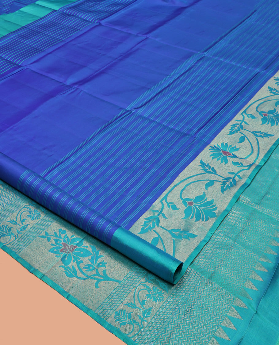 Blue Mayuri Soft Silk Saree, Woven with Stripes, Complemented by Contrast Floral Creeper Border, Floral Design Pallu, and a Contrast Blouse