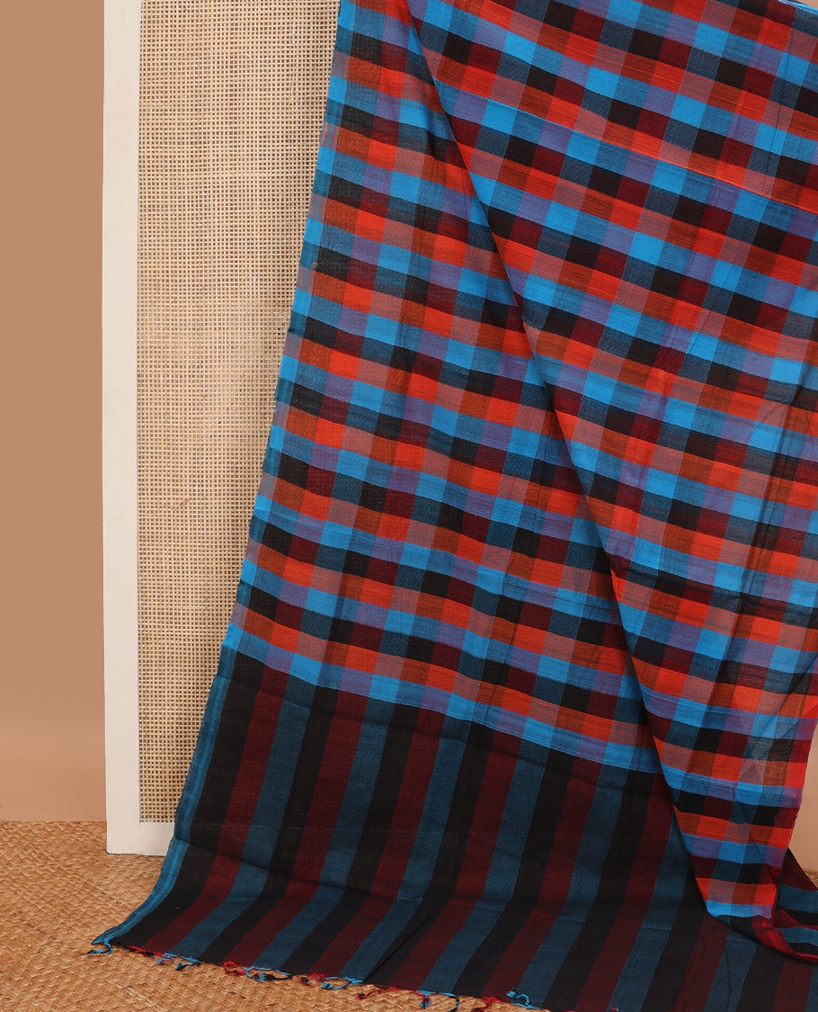 Borderless Multi-color checked mangalagiri cotton saree with pallu of stripes
