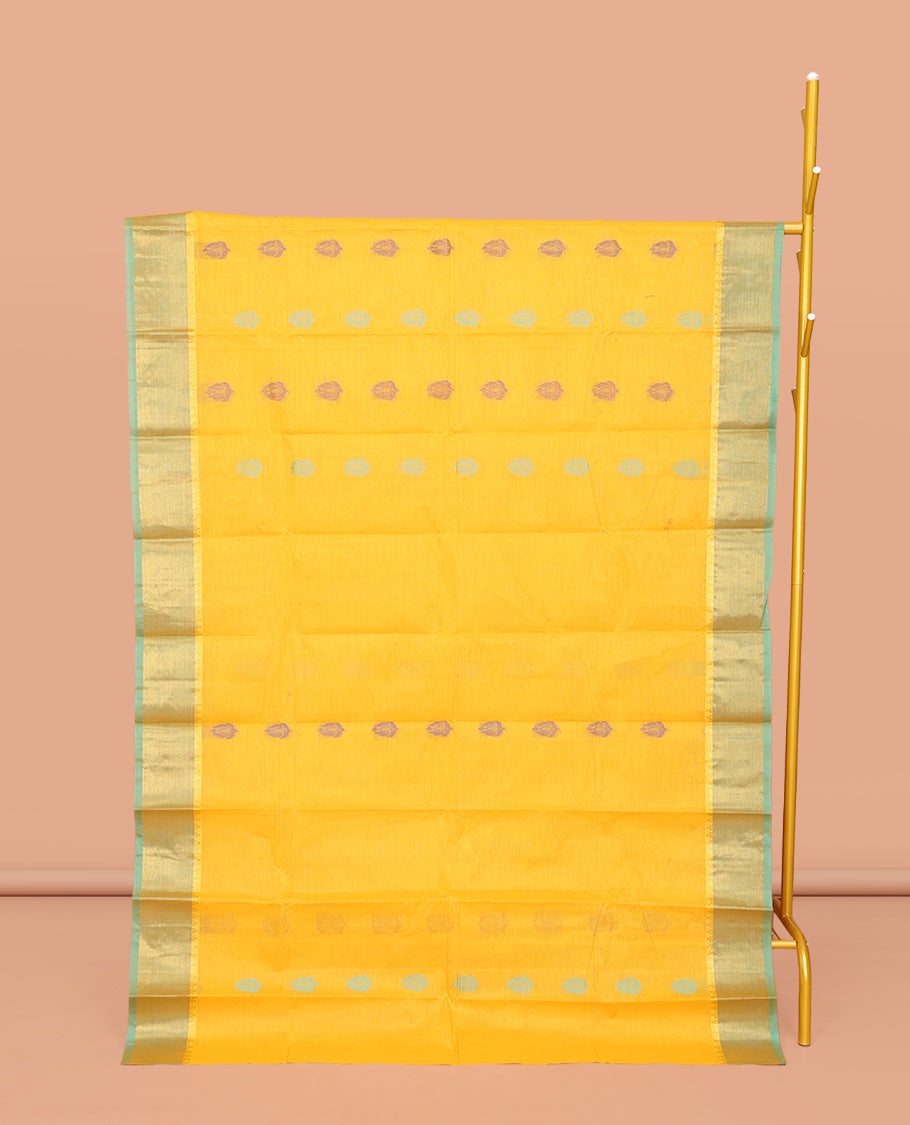 Yellow Kanchi Cotton Saree, Woven with Buttas All Over Its Body, Complemented by Contrast Border, Pallu of Paisleys and Drop Designs, and Paired with a Matching Blouse