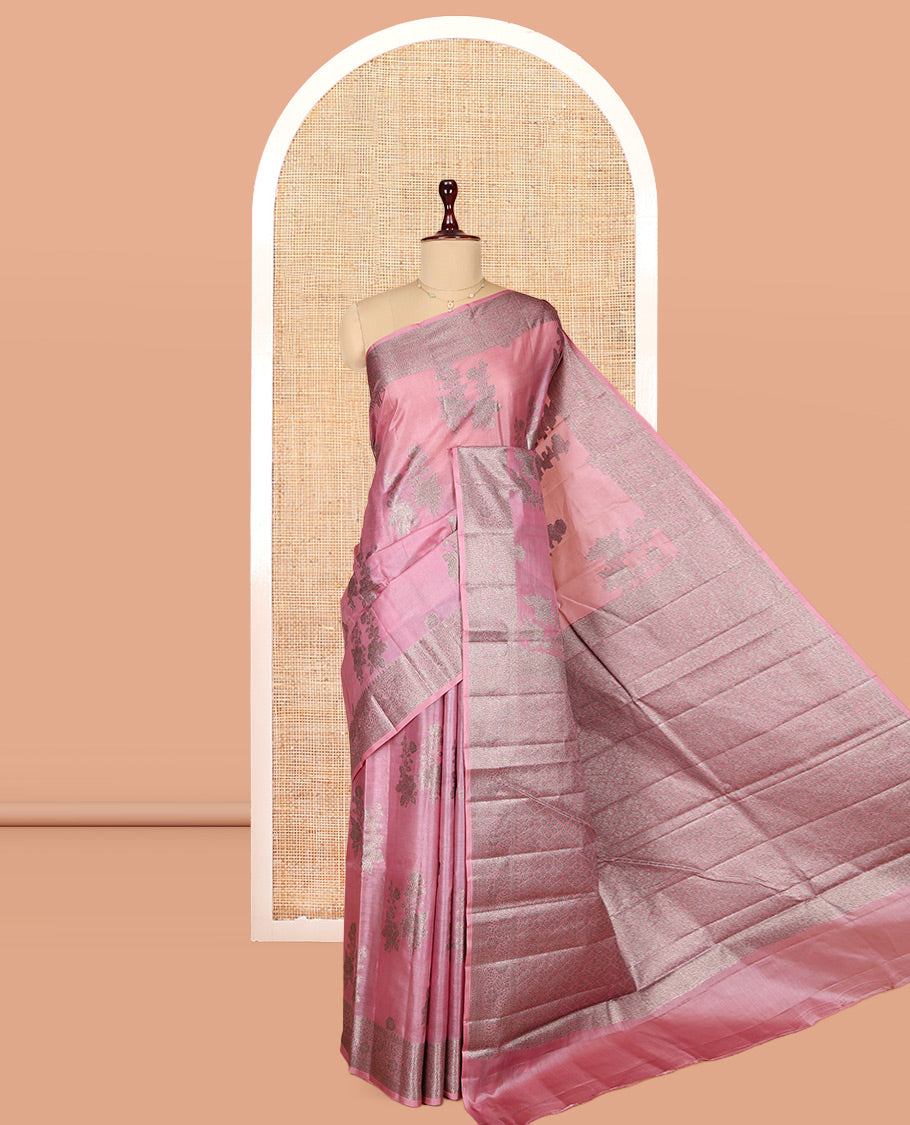 Pink Tusser Silk Saree, Bedecked with Floral Design, a Zari Border, Intricate Pallu, and a Matching Blouse