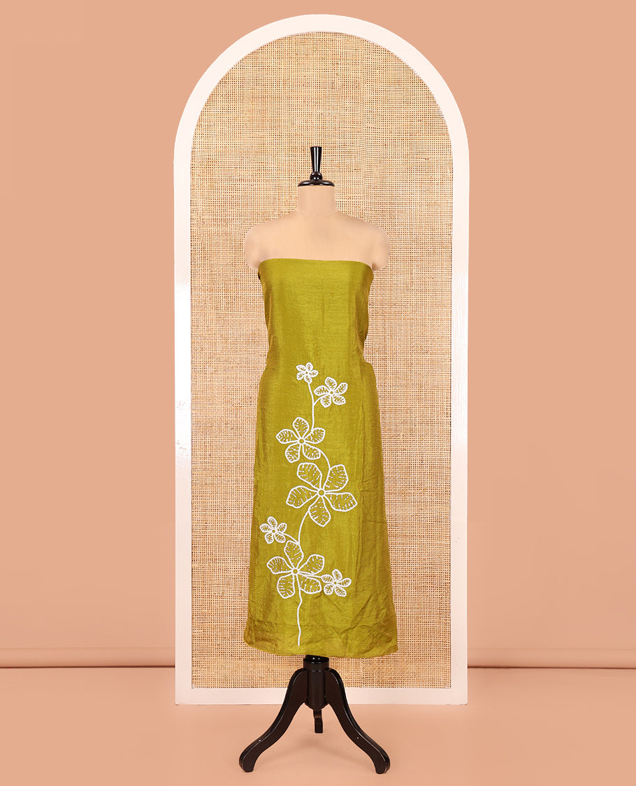 Mehendi Green Material Chudidar Set, Delicately Woven with Floral Thread Embroidered Mul Chanderi Top, a Mul Chanderi Bottom, Paired with Floral Thread-Embroidered Mul Chanderi Dupatta