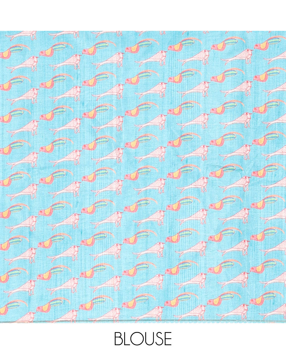 Blue Semi-Tussar Saree Colorfully Printed with Zig-Zag Stripes, Subtly Woven with a Resham Thread Temple Border, Featuring a Heathered Pallu, Paired with a Contrast Striped Blouse