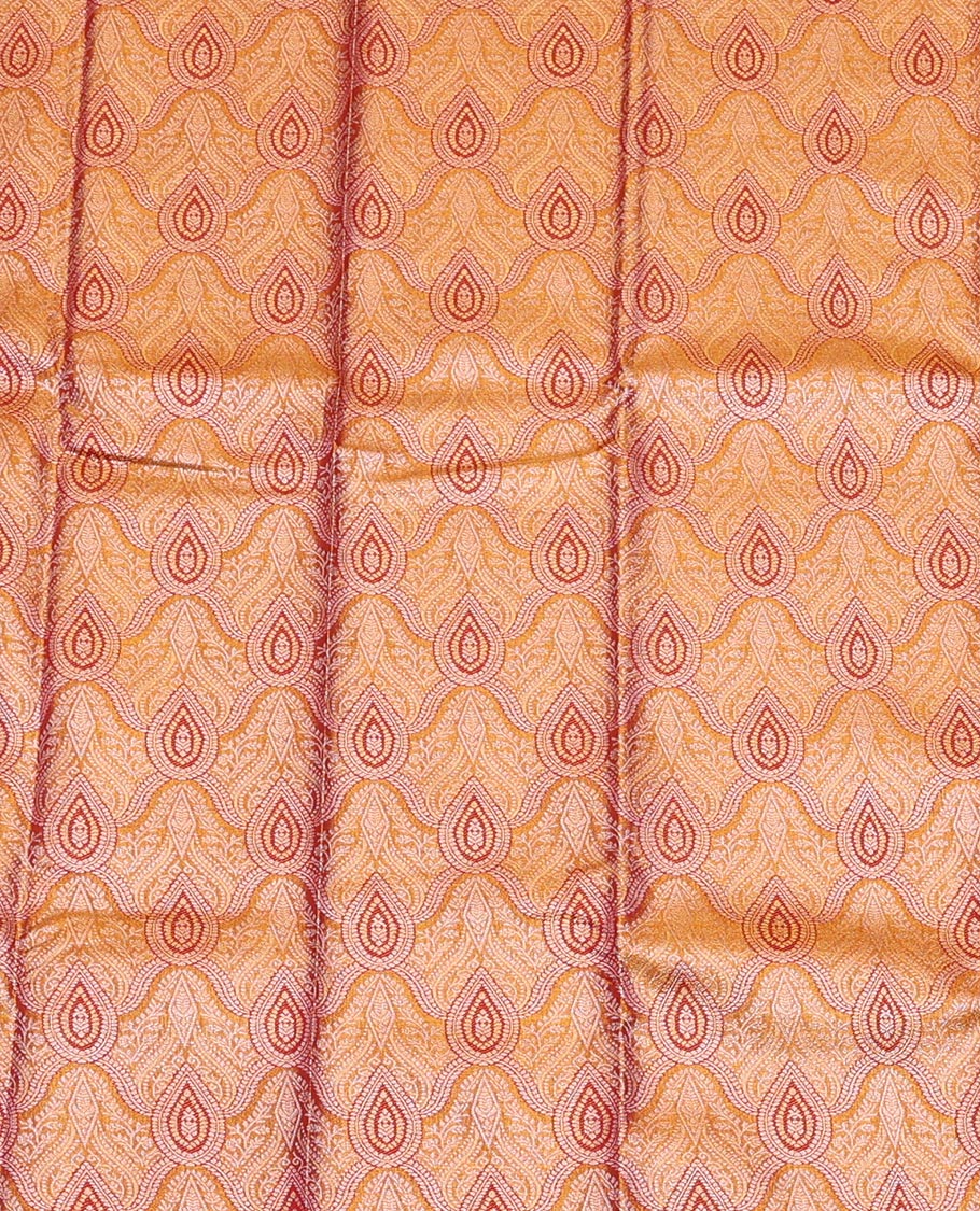Gold Art Silk Pavadai Material Set Decorated with Jacquard Design on Its Skirt, Complemented by a Contrast Traditional Zari Design Border, and Paired with a Contrast Blouse
