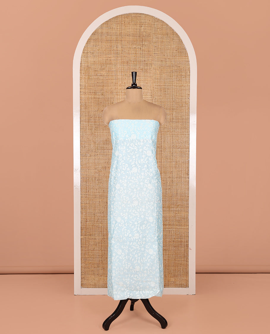 Sea Blue Mul Chanderi Material Chudidar, Lucknowi-Style Embroidery Top, a Santoon Bottom, Scallop Embroidered Dupatta