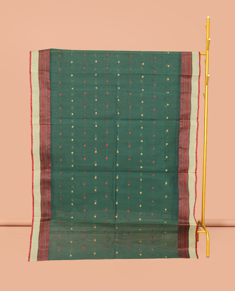 Green Bengal Cotton Saree, Accentuated with Thread Buttas, a Contrast Traditional Design Border, Pallu of Stripes, and Buttas, and a Matching Blouse