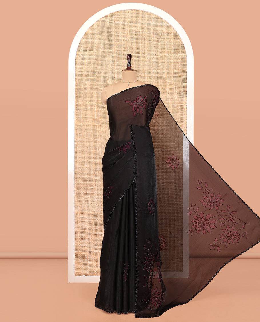 Black Designer Saree, Entralled with Leaf Print and Stone Work All Over Its Body, Highlighted by Scallop Stone Work Border, and Paired with a Matching Blouse