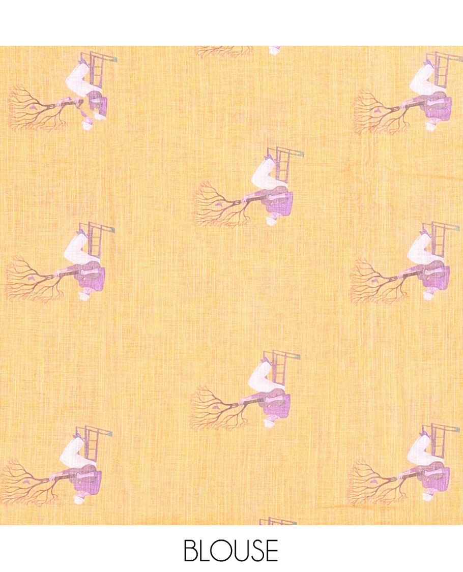 Purple Linen Cotton Saree, Depicting Men with a Guitar Motif Printed All Over Its Body, Complemented by Contrast Piping Border, Pallu Pictures a Men with a Guitar Motif, and Paired with a Contrast Blouse