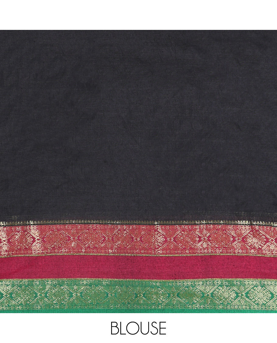 Black Plain Khadi Mul Cotton Saree, Complemented by Contrast Rettai Pettu Diamond Patterns Zari Border, Subtly Striped Pallu, and Paired with a Matching Blouse
