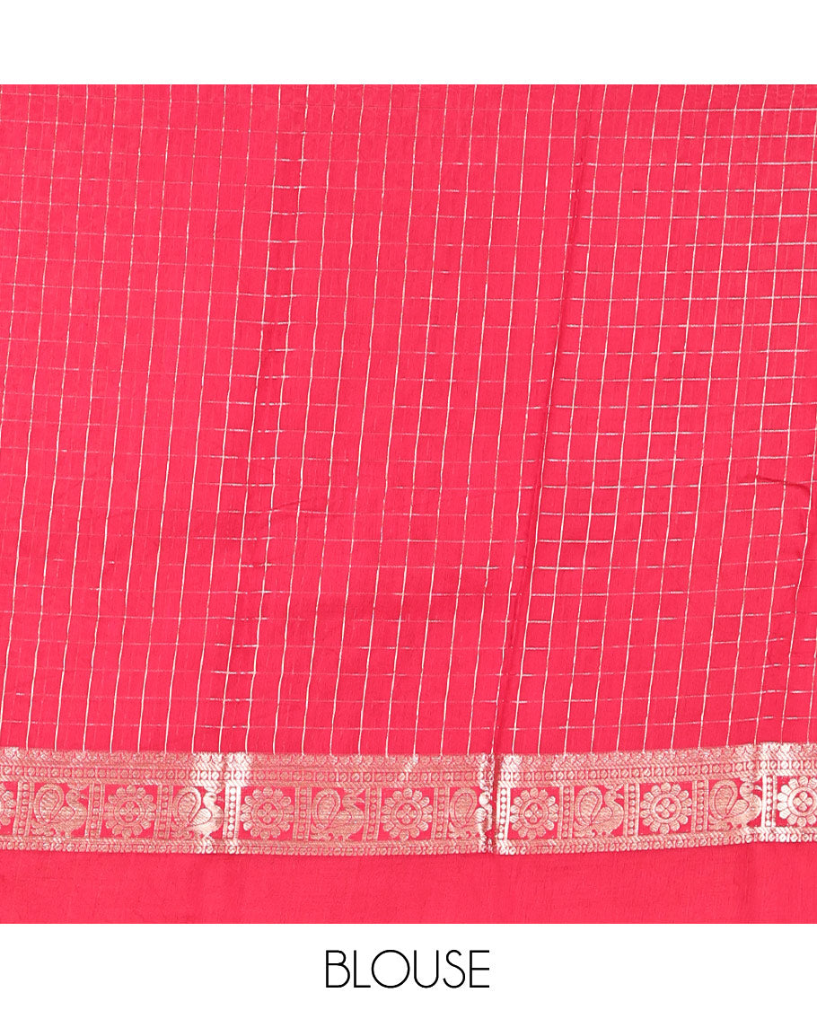 Orange Zari Checked Assam Silk Saree, Complemented by a Contrast Traditional Zari-Woven Border, Zari-Striped Pallu, and a Contrast Blouse