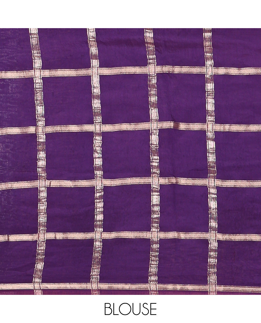 Borderless Purple Assam Silk Saree, Richly Detailed with Bandhani-Dotted Ghar Chola Design on Its Body, Gleaming Zari Pallu, and Paired with a Matching Blouse