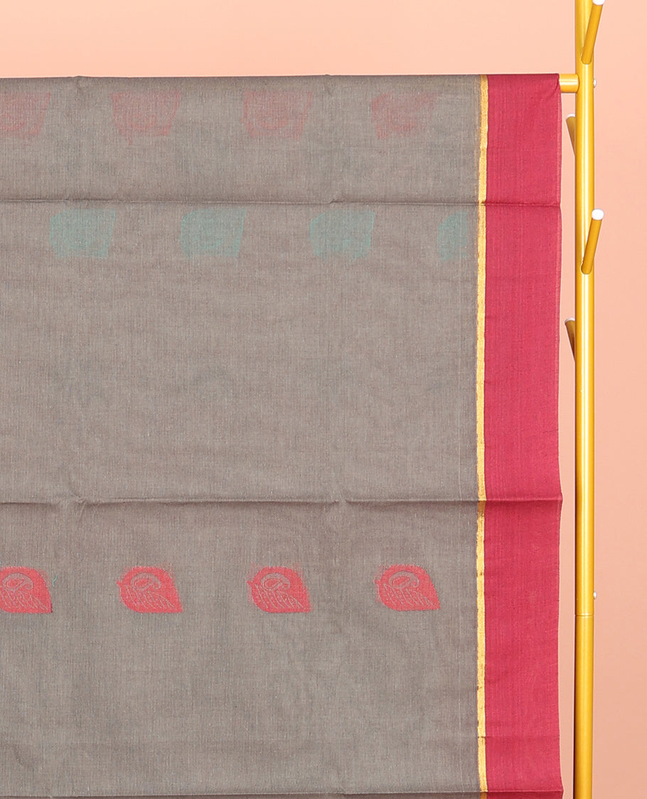 Grey Coimbatore Cotton Saree, Adorned with Thread Buttas, a Contrast Plain Border, a Pallu of Stripes and Buttas, and a Matching Blouse