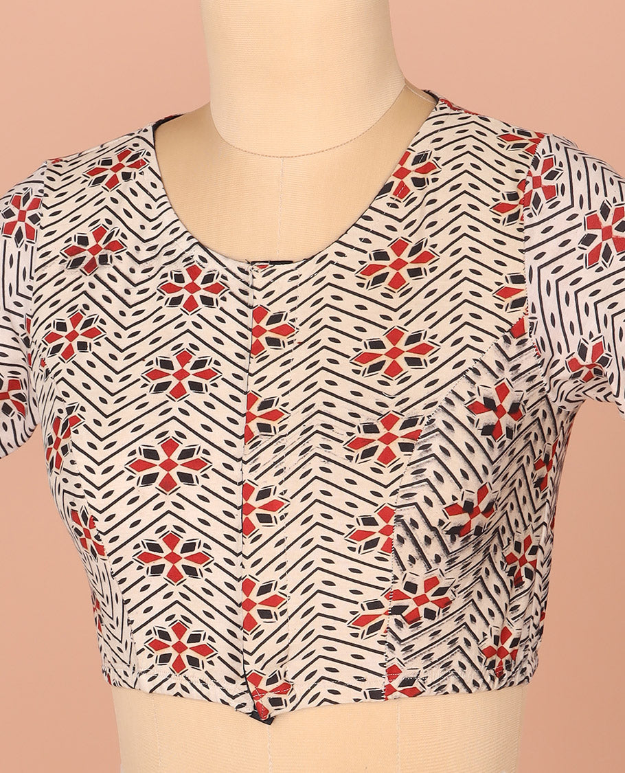 Off-White Readymade Blouse Detailed with Geometric Patterns Print, Featuring Front Round Neck, Back Closed Neck, and Elbow Sleeves