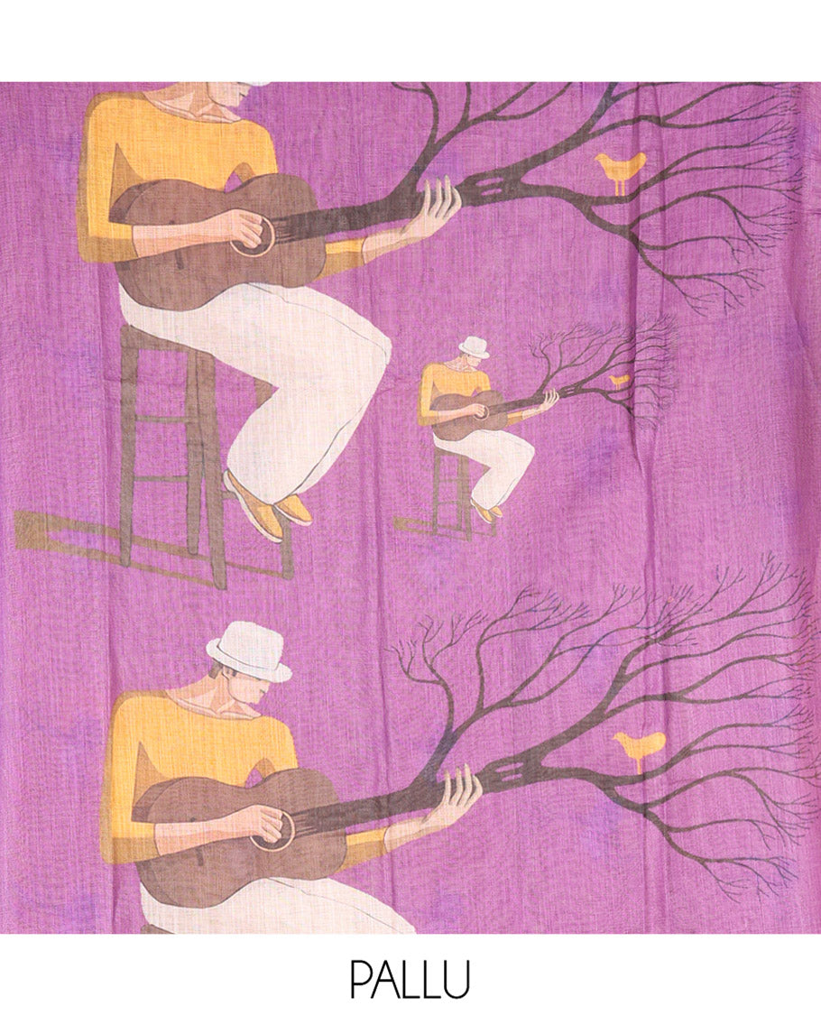 Purple Linen Cotton Saree, Depicting Men with a Guitar Motif Printed All Over Its Body, Complemented by Contrast Piping Border, Pallu Pictures a Men with a Guitar Motif, and Paired with a Contrast Blouse