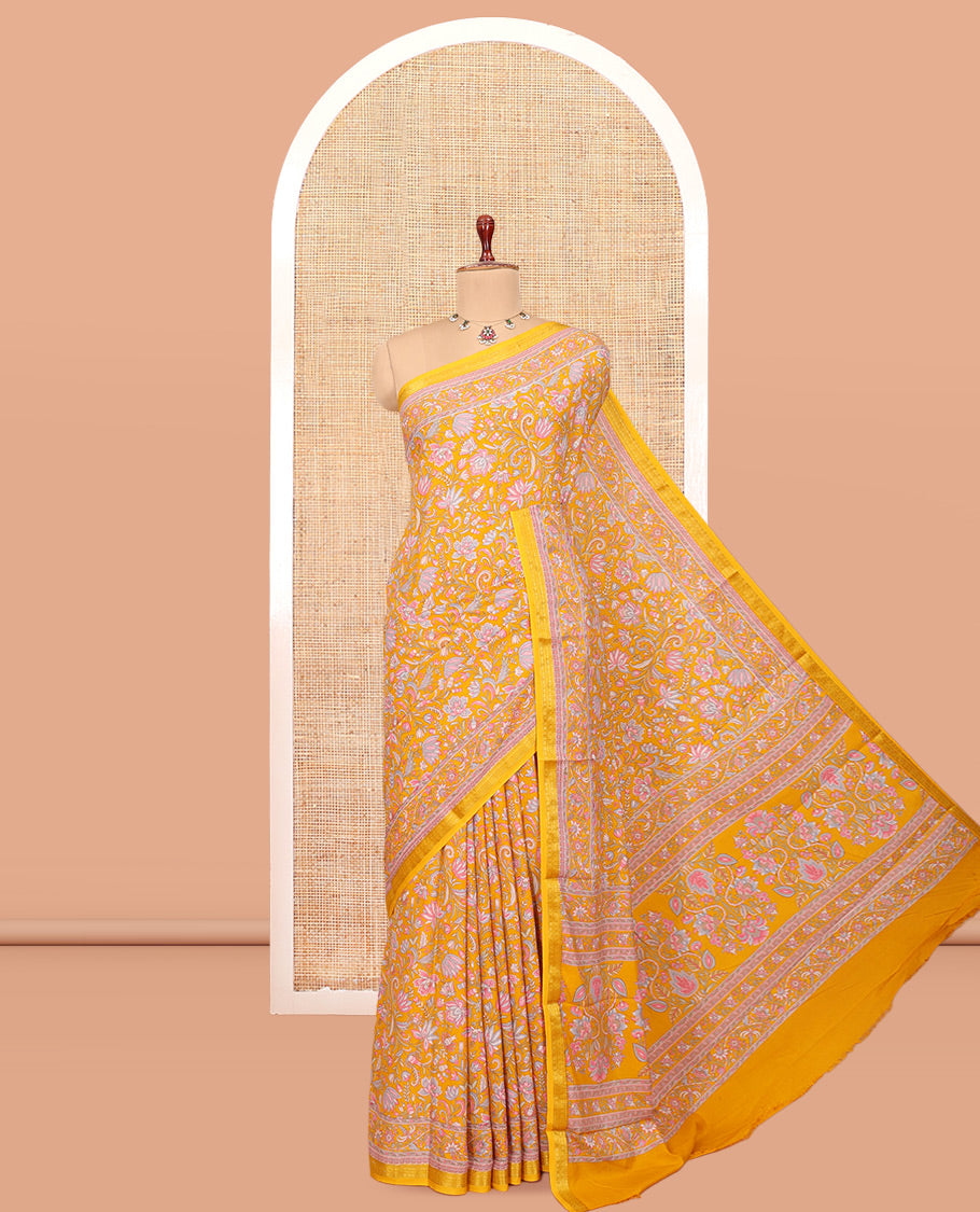 Yellow Floral-Vine Printed Silk Saree, a Traditional Zari Border, Floral Pallu, a Matching Blouse