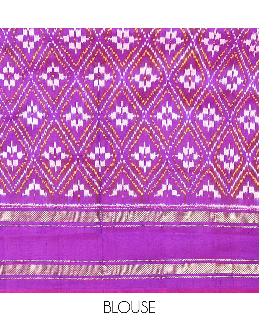 Yellow Plain Pochampally Ikat Saree, a Contrast Temple Traditional Zari Border, Ikat-Style Jaal Pallu, and a Contrast Blouse