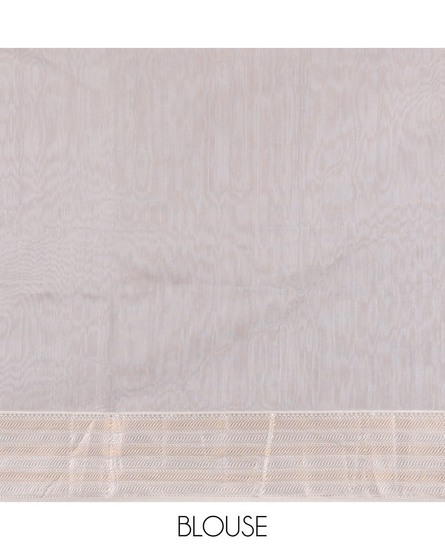 Grey striped Maheshwari cotton saree with buttas, contrast traditional zari border & intricate pallu
