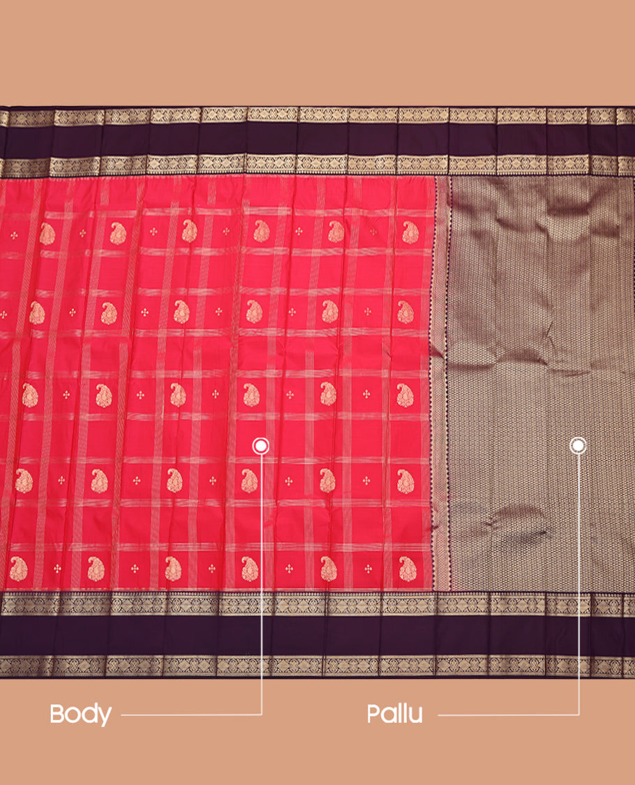 Red Budget Silk Saree, Richly Detailed with Paisley Butta Enclosed Checks, Complemented by a Contrast Traditional Rettai Pettu Border, Grand Pallu, and Contrast Blouse