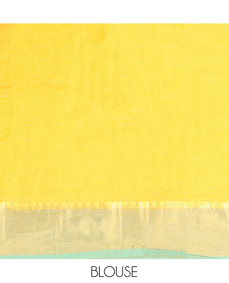 Yellow Kanchi Cotton Saree, Woven with Buttas All Over Its Body, Complemented by Contrast Border, Pallu of Paisleys and Drop Designs, and Paired with a Matching Blouse