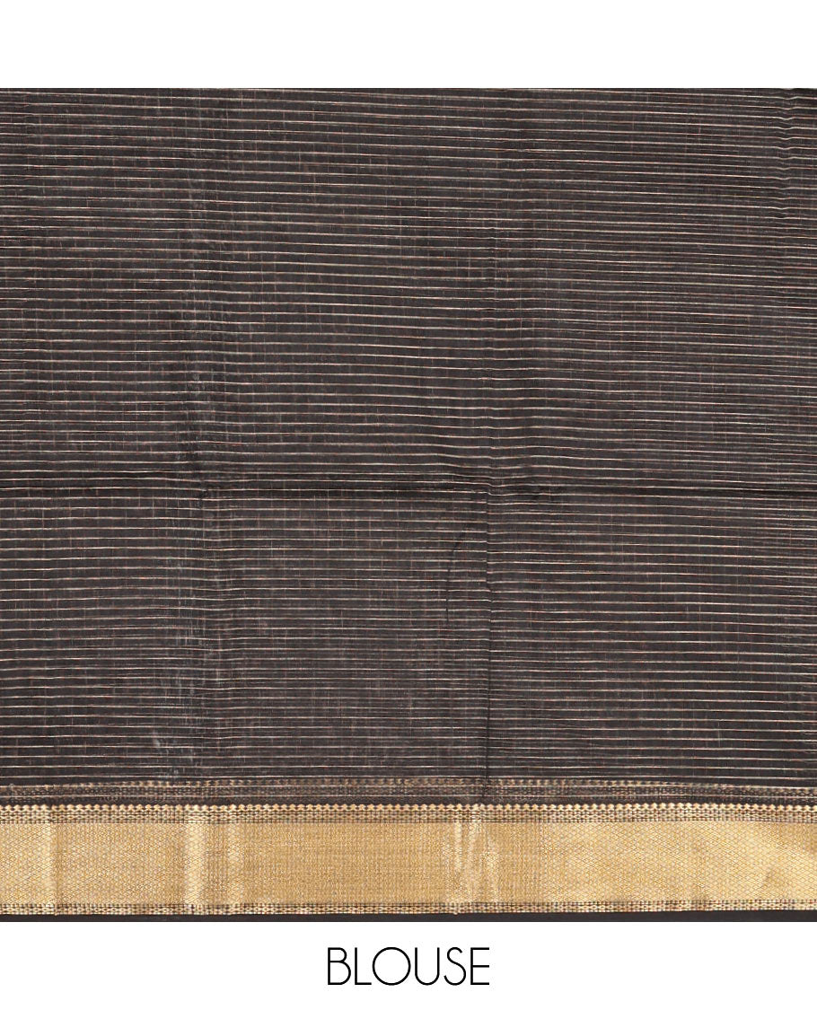Black Maheshwari Cotton Saree, Gleamed Up with Micro-Checked Design All Over Its Body, Highlighted by Traditional Zari Border, Pallu Steeped with Zari Stripes, and Paired with a Matching Blouse