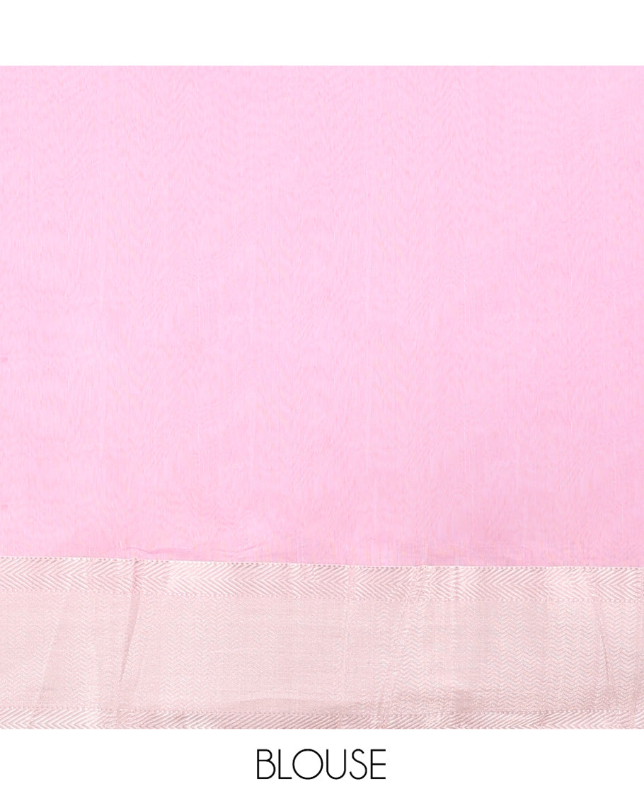 Pink Maheshwari Cotton Saree, Sparsely Woven with Buttas All Over Its Body, Highlighted by a Zari Border of Chevron Stripes, Pallu Steeped with Buttas, and Paired with a Matching Blouse