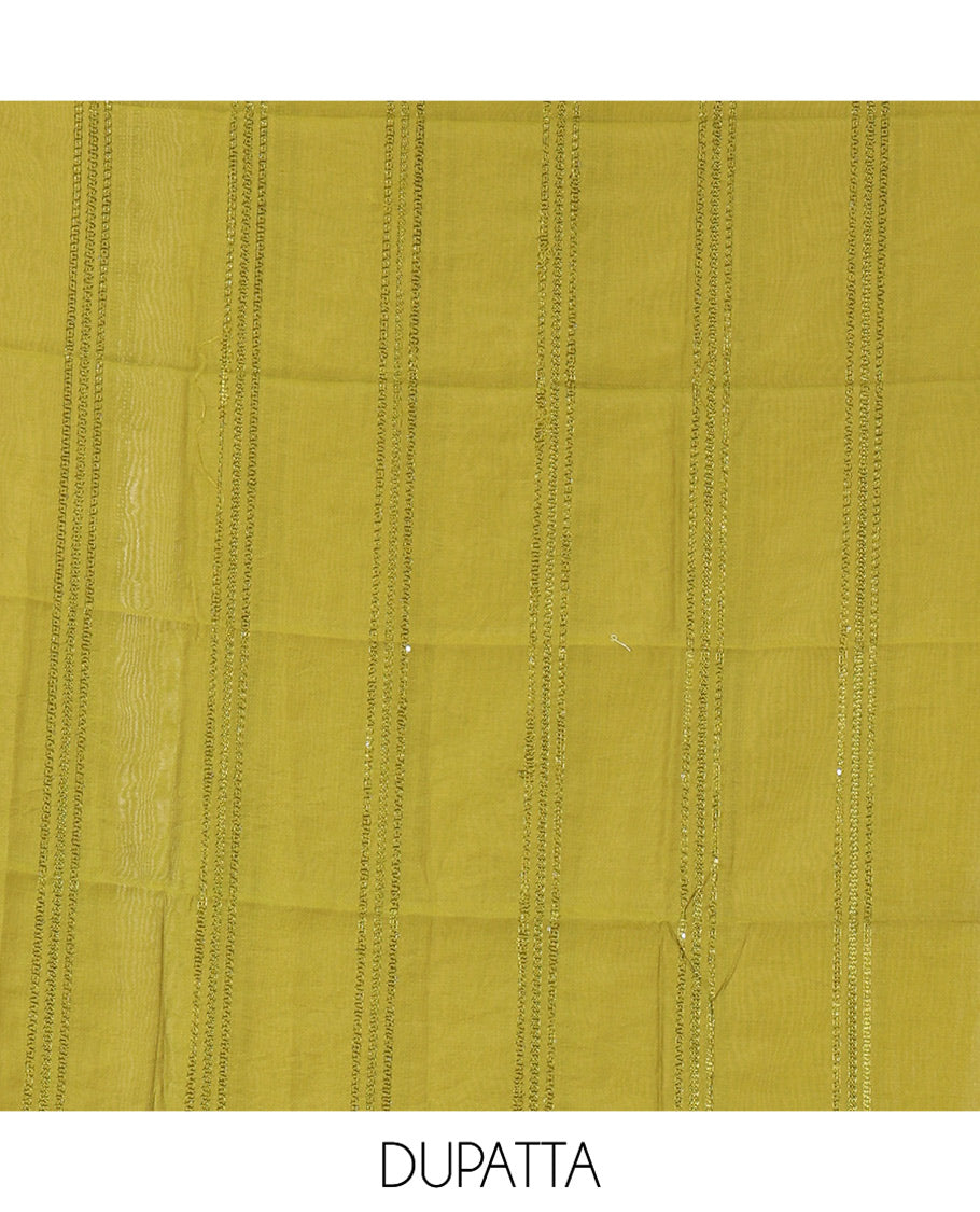 Multi-Color Shimmer Tissue Material Churidar, Enriched with Madras Checks Neckwork Top, a Contrast Bottom, Sequins Striped Dupatta