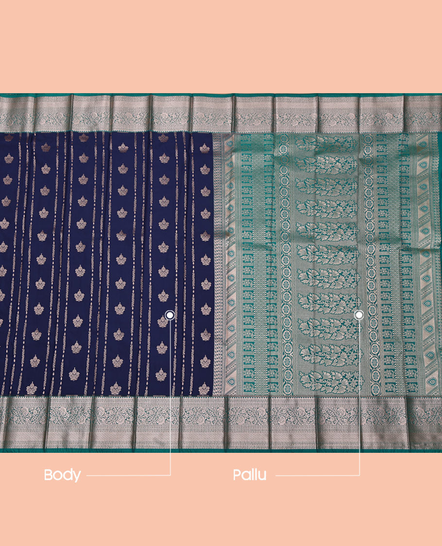 Blue Budget Silk Saree, Majestically Detailed with Zari Designs All Over Its Body, Complemented by a Contrast Traditional Zari Design Border, Grand Pallu, and Paired with a Contrast Blouse