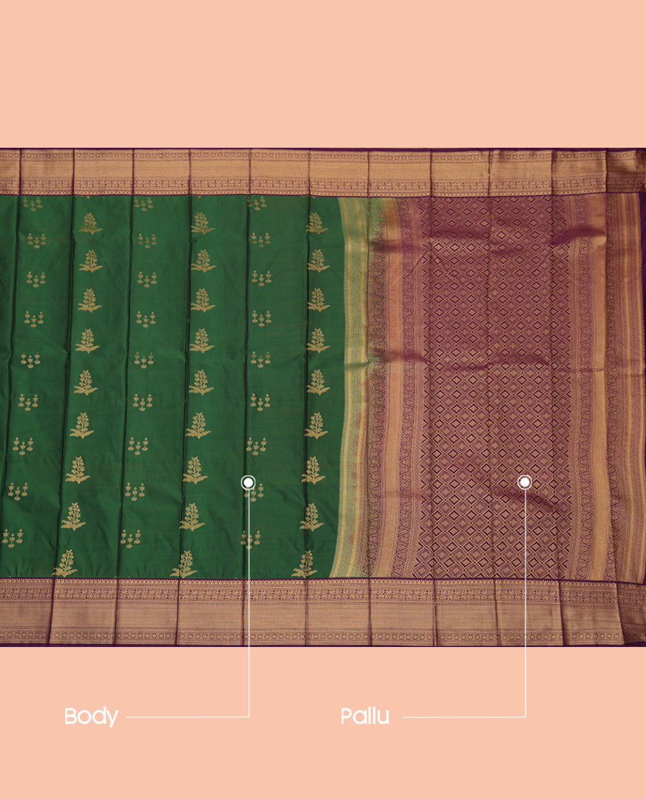 Green Budget Silk Saree, Styled with Zari Buttas, a Contrast Traditional Zari Border, Grand Pallu, and a Contrast Blouse