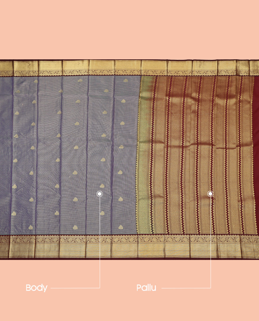 Blue Budget Silk Saree, Impeccably Styled with Zari Buttas and Checks, Complemented by a Contrast Traditional Zari Border, Grand Pallu, and a Contrast Blouse