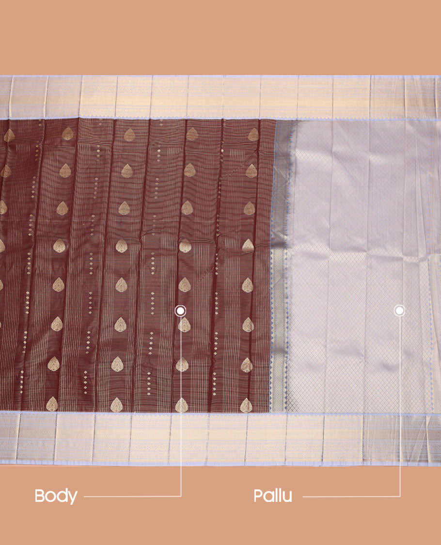 Brown Budget Silk Saree, Majestically Detailed with Zari Buttas and Checks on Its Body, Complemented by a Contrast Traditional Zari Design Border, Grand Jaal Pallu, and Paired with a Contrast Blouse