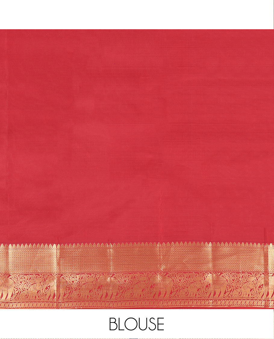 Red Vasundhara Lite Silk Mix Saree, Ornamented with Manga Zari Buttas on Its Body, Highlighted by a Zari Border of Rekku, Yaanai, and Rudraksham Designs, Pallu of Diagonal Designs, and Paired with a Matching Blouse