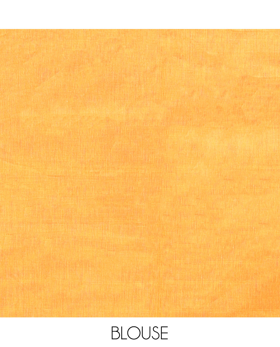 Orange Plain Chettinad Cotton Saree, Complemented by a Contrast Traditional Zari Design Woven Border, Subtle Pallu of Stripes, and Paired with a Matching Blouse