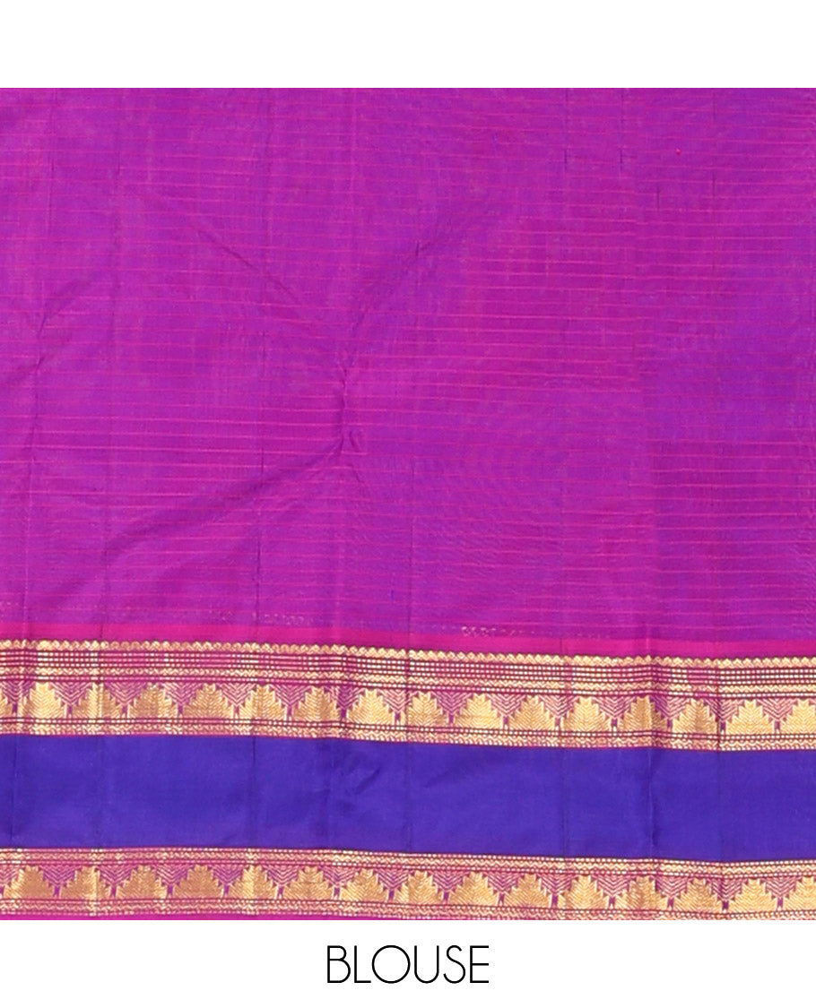 Brown Kanchipuram Silk Saree Adorned with Vazhaipoo Stripes, Complemented by a Contrast Rettai Pettu Border of Thilakam Mokku, Muthu, Neli, and Thazampoo Rekku Designs, Sparsely Woven Pallu, and Paired with a Contrast Blouse