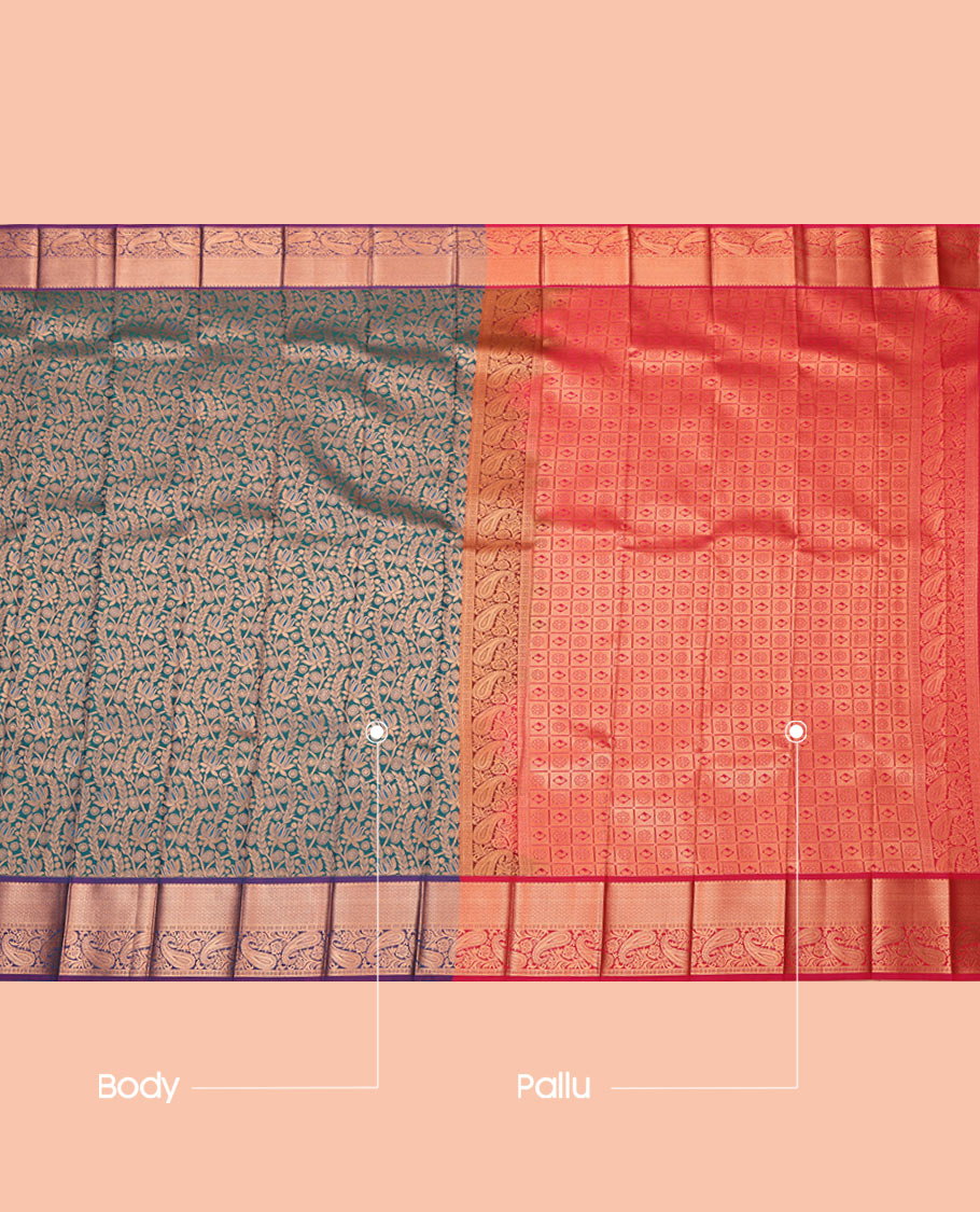 Peacock Blue Budget Silk Saree, Mesmerized with Jacquard Design, Complemented by a Contrast Paisley Zari Border, Grand Pallu, and Contrast Blouse